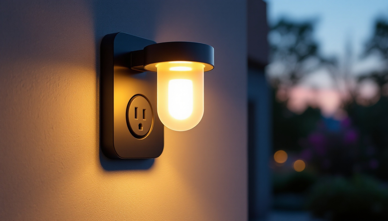 A photograph of a beautifully designed exterior light fixture with an integrated outlet