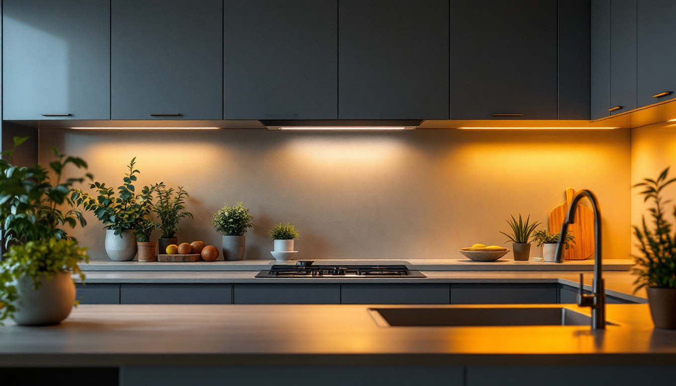 A photograph of a modern kitchen featuring under-cabinet led lights illuminating eco-friendly materials and plants