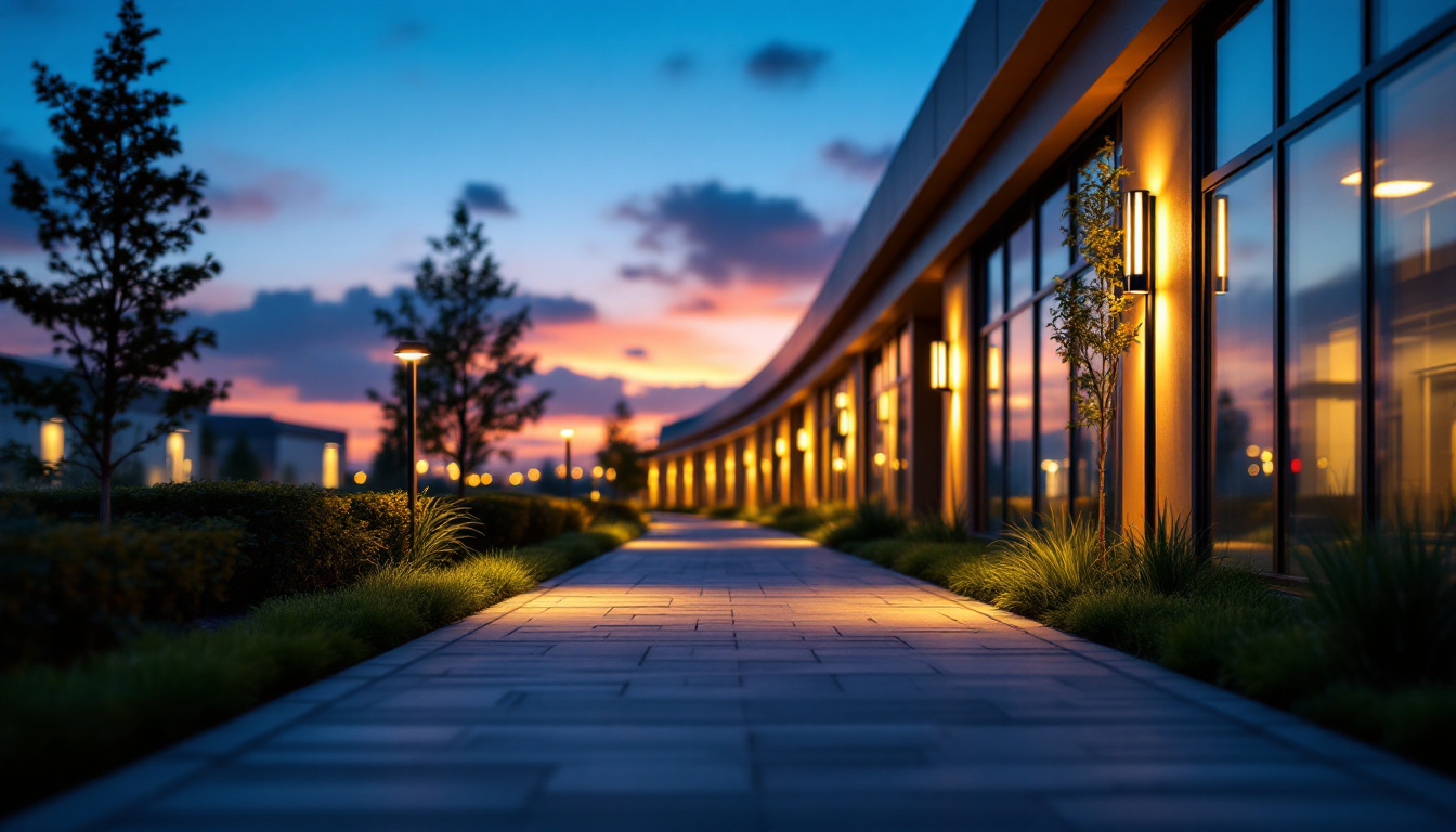 A photograph of a well-lit industrial or commercial outdoor pathway at dusk