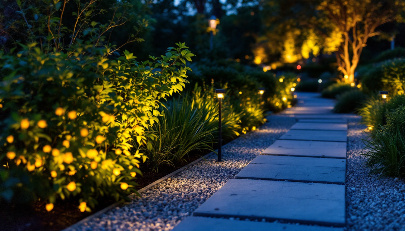 A photograph of a beautifully landscaped outdoor space featuring various styles of solar lights installed along pathways and garden beds