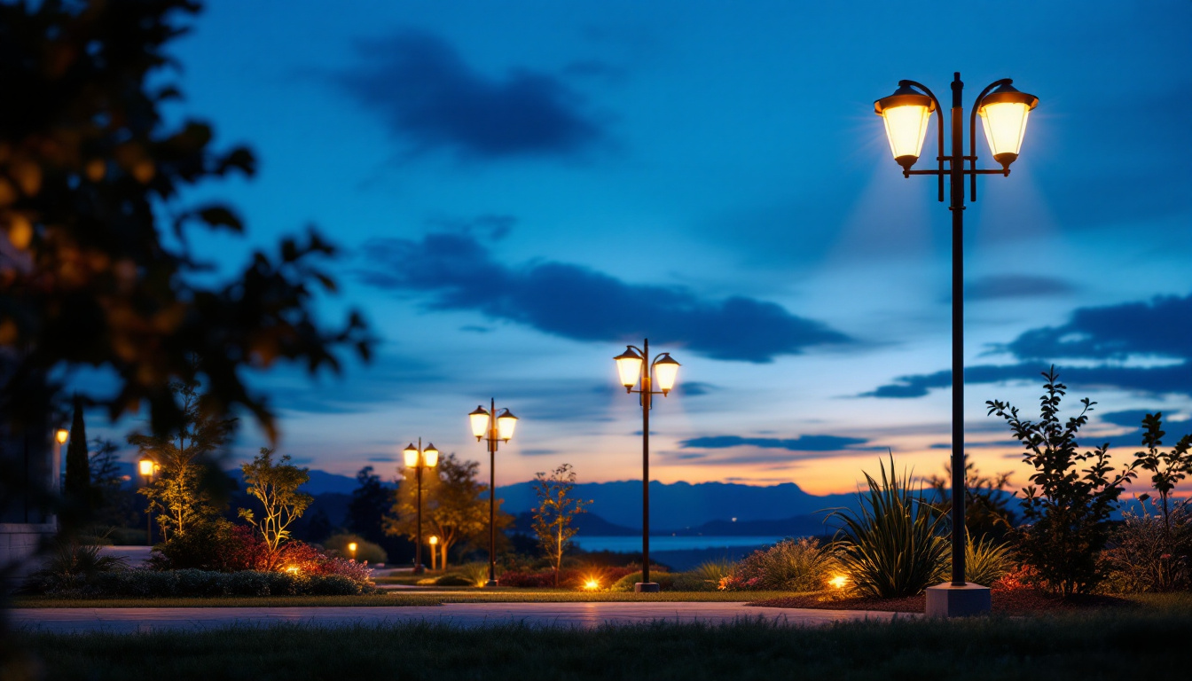 A photograph of a beautifully illuminated outdoor space featuring strategically placed pole lights