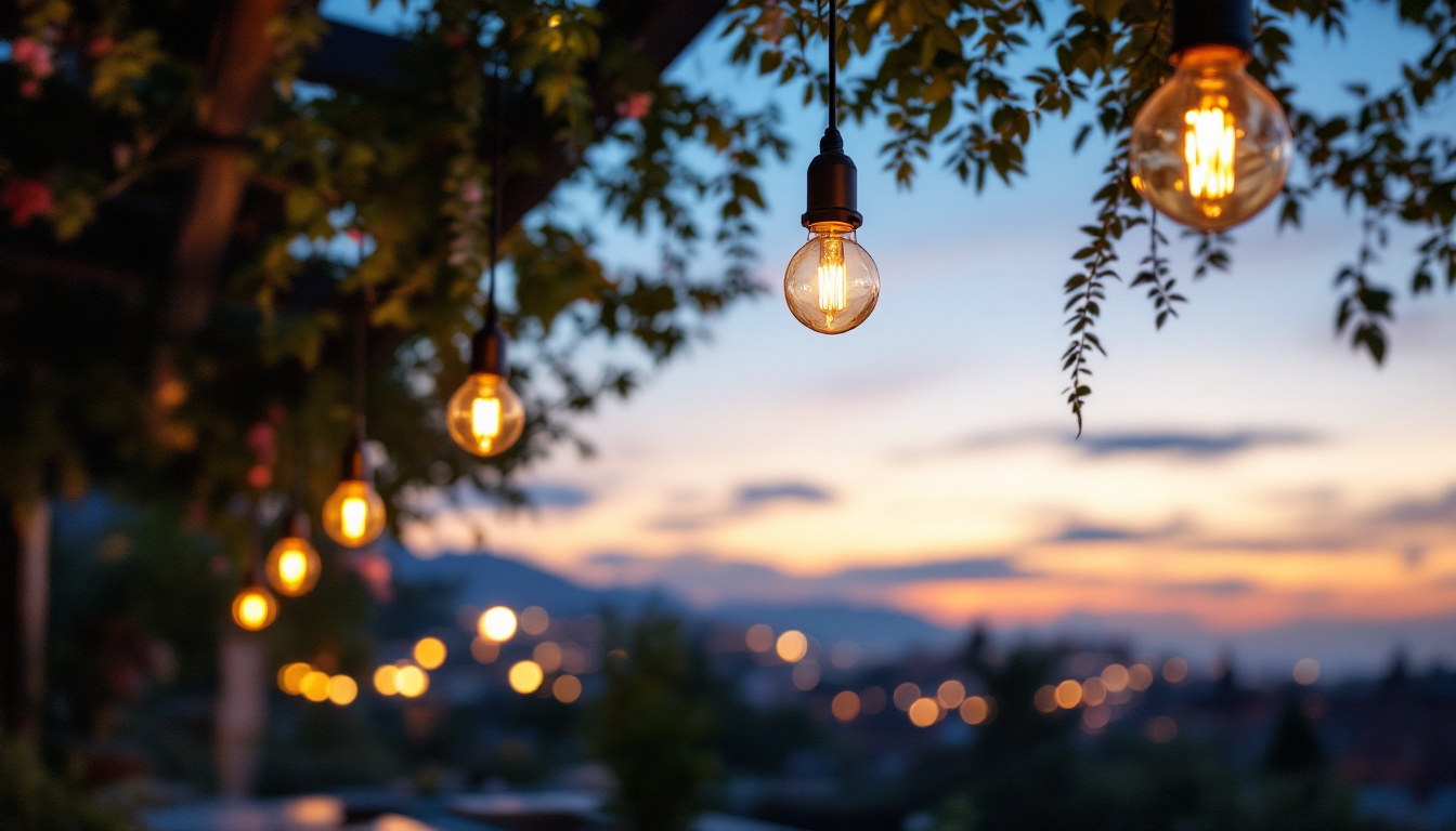 A photograph of a beautifully designed outdoor space featuring various hanging pendant lights in use during dusk