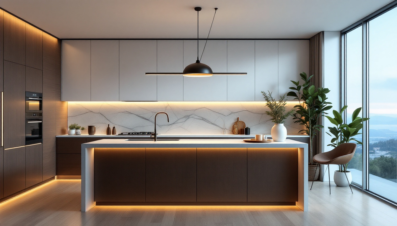 A photograph of a beautifully designed modern space featuring a stylish light island pendant