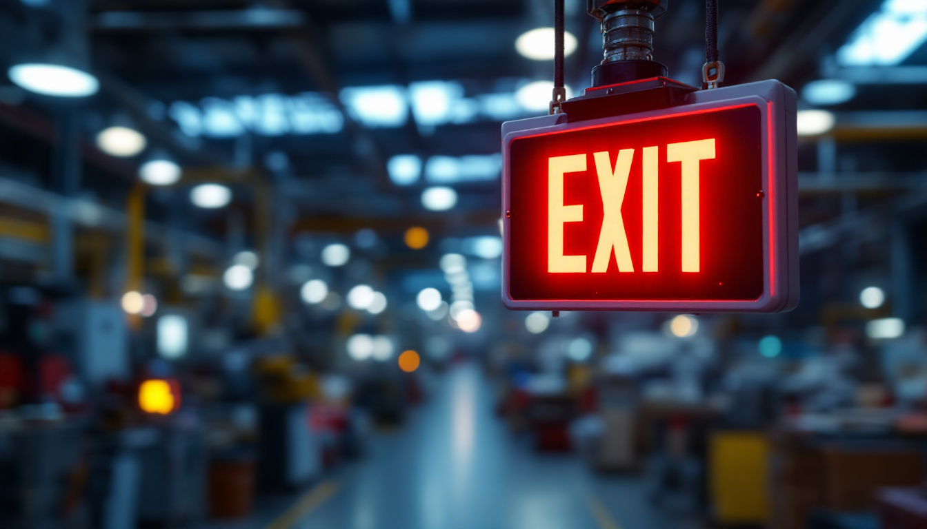 A photograph of a brightly illuminated lighted exit sign in a dynamic industrial or commercial environment