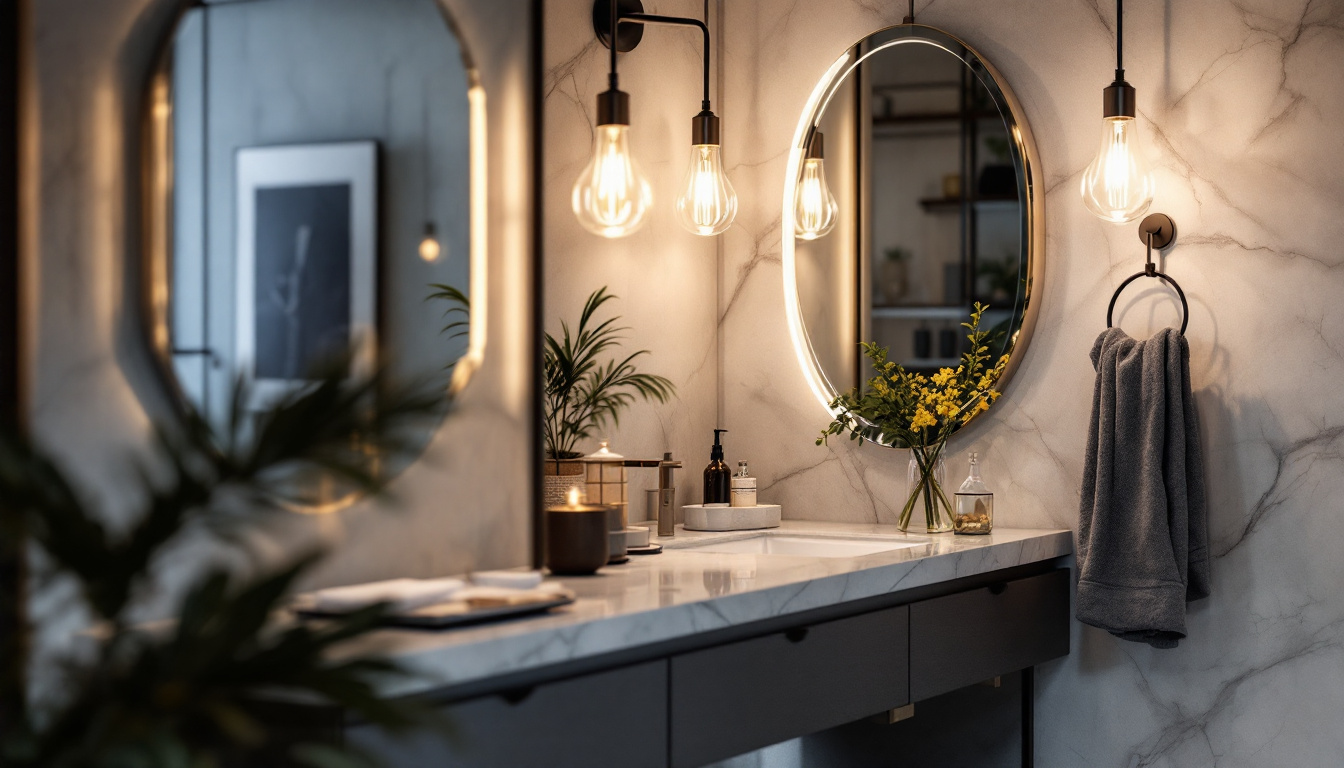 A photograph of a beautifully designed bathroom or dressing area featuring a stylish lighting mirror