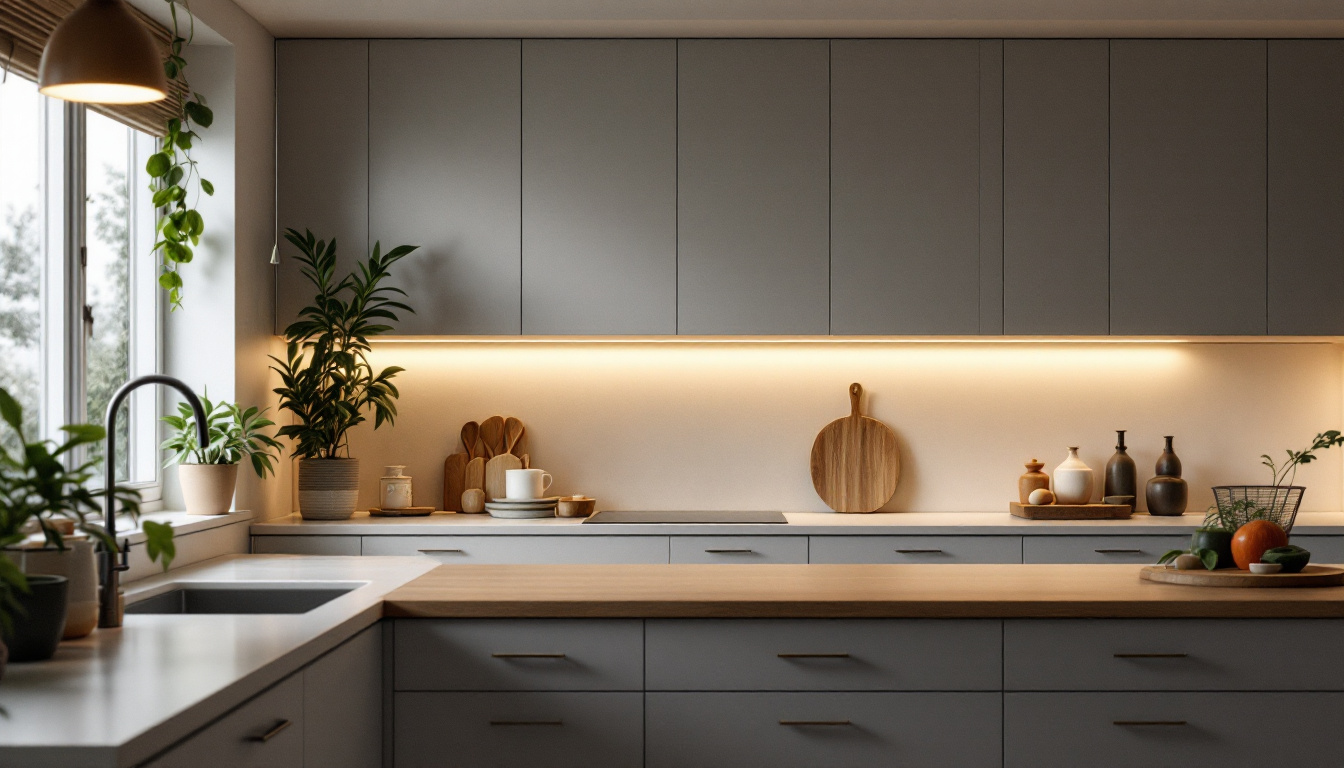 A photograph of a modern kitchen showcasing sleek undercabinet lighting that highlights energy-efficient led fixtures