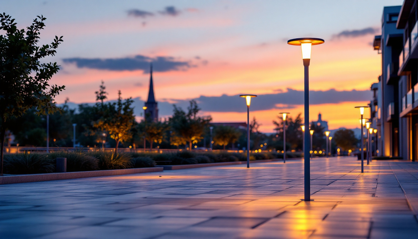 A photograph of a beautifully illuminated outdoor space featuring strategically placed light poles