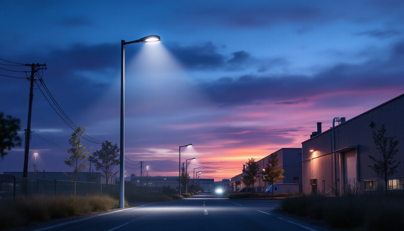 A photograph of a well-lit industrial or commercial setting showcasing an outdoor lighting pole creatively integrated into the environment