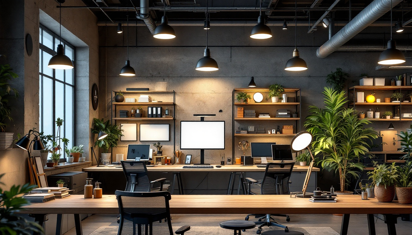 A photograph of a modern industrial workspace showcasing various types of wholesale lighting solutions