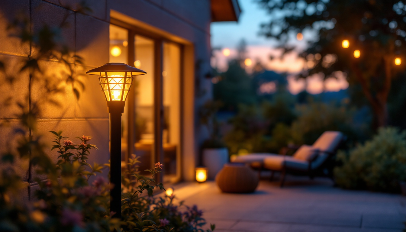 A photograph of a beautifully designed solar porch light illuminating a cozy outdoor space at dusk