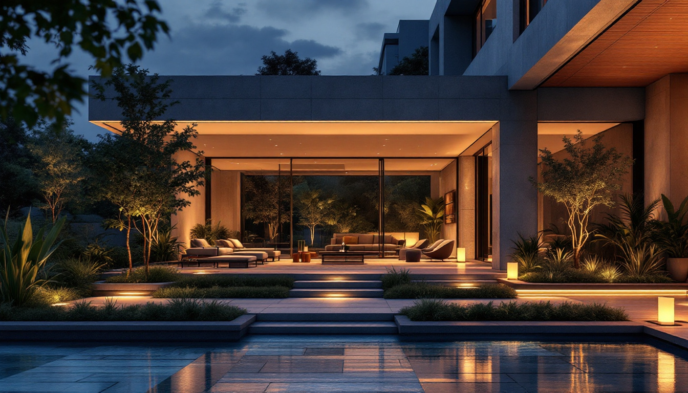 A photograph of a beautifully illuminated modern exterior space featuring dusk to dawn lights