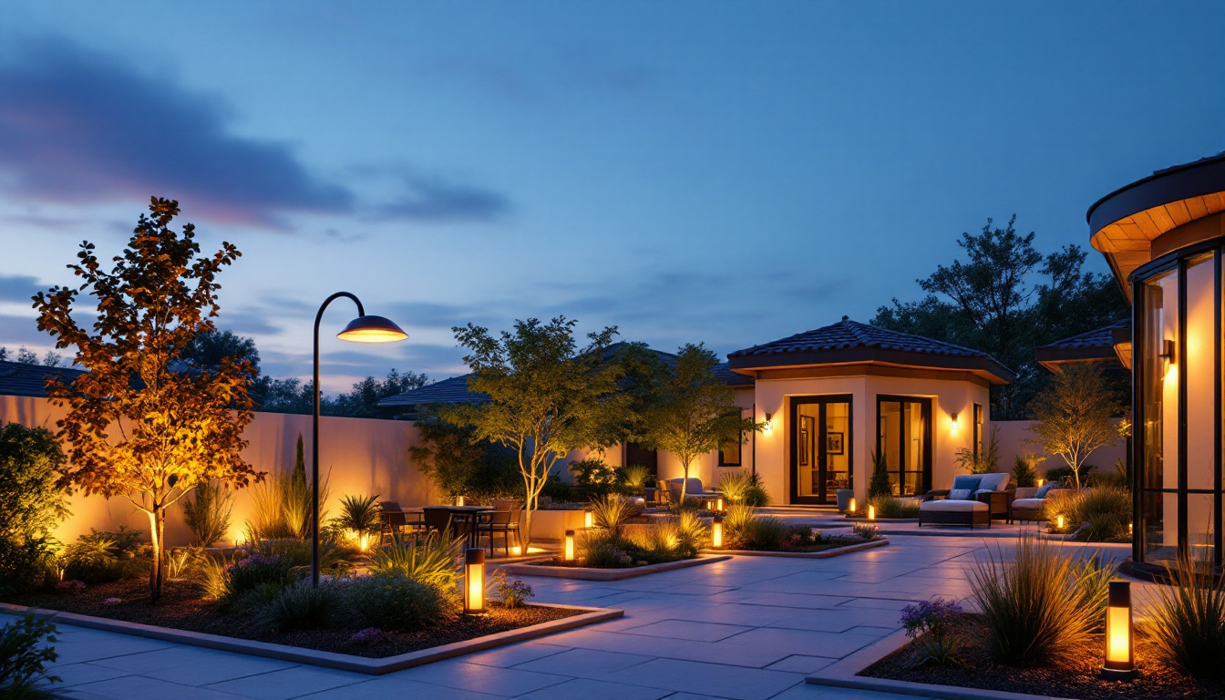 A photograph of a beautifully designed outdoor space featuring gooseneck lights illuminating key architectural elements and landscaping