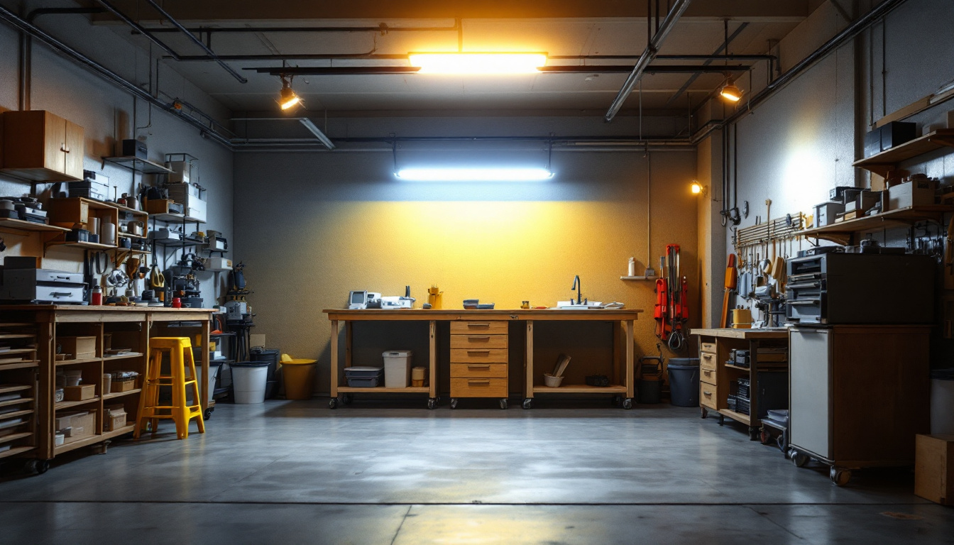 A photograph of a well-lit workshop or garage featuring 8' led shop lights in action