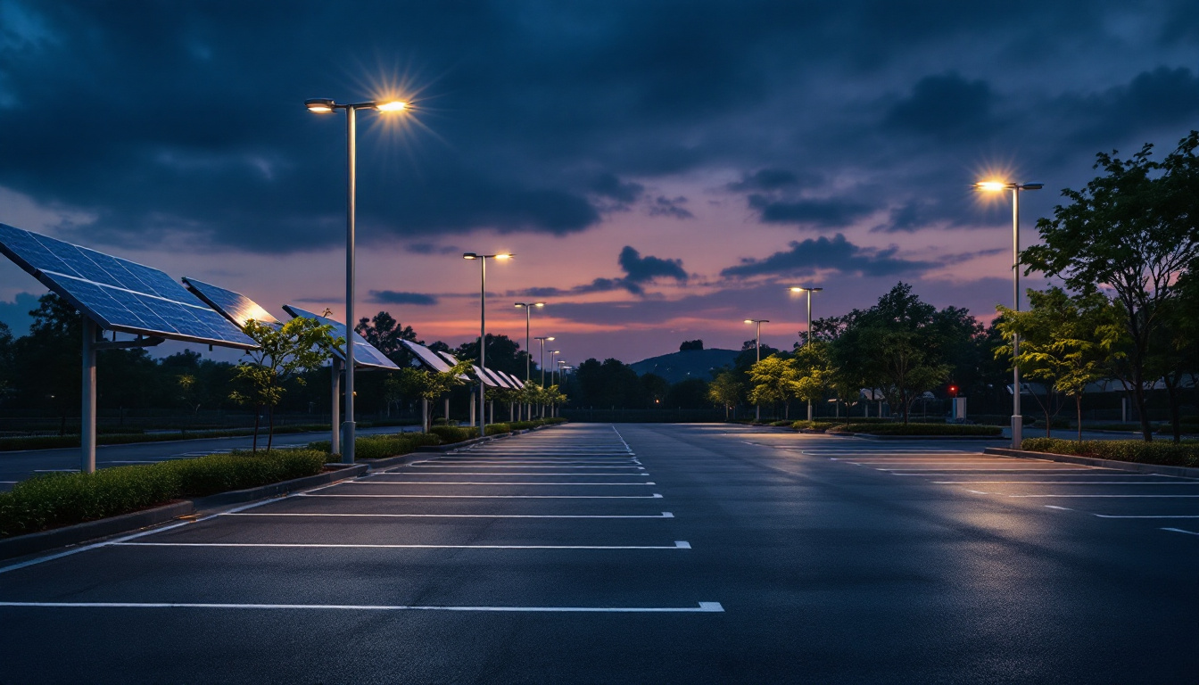 A photograph of a well-lit solar-powered parking lot at dusk