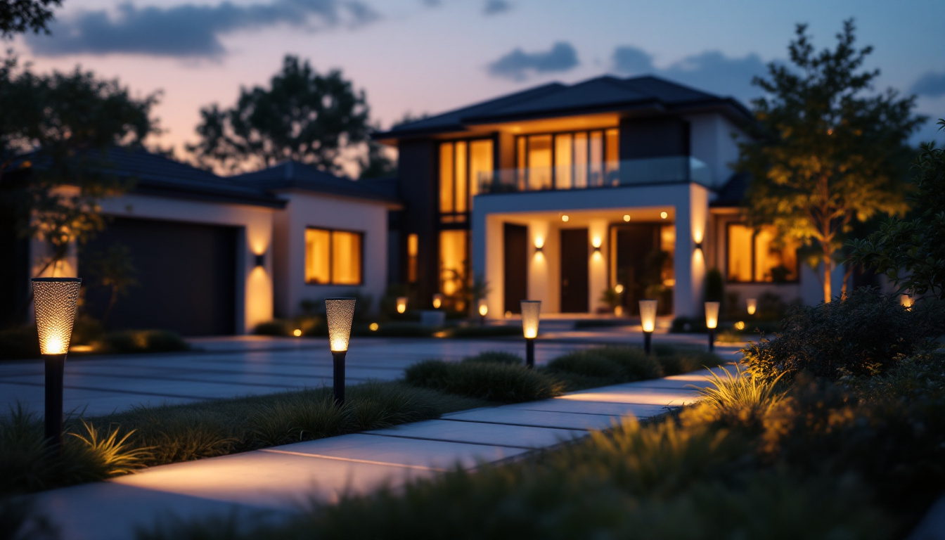 A photograph of a beautifully landscaped modern driveway illuminated by sleek