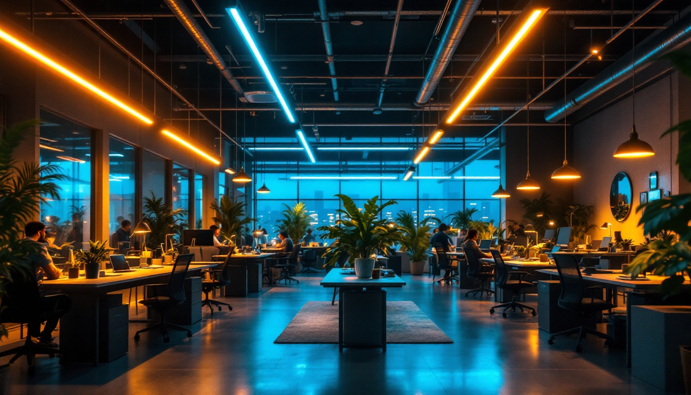 A photograph of a modern industrial workspace showcasing vibrant fluorescent fixture lighting illuminating various workstations