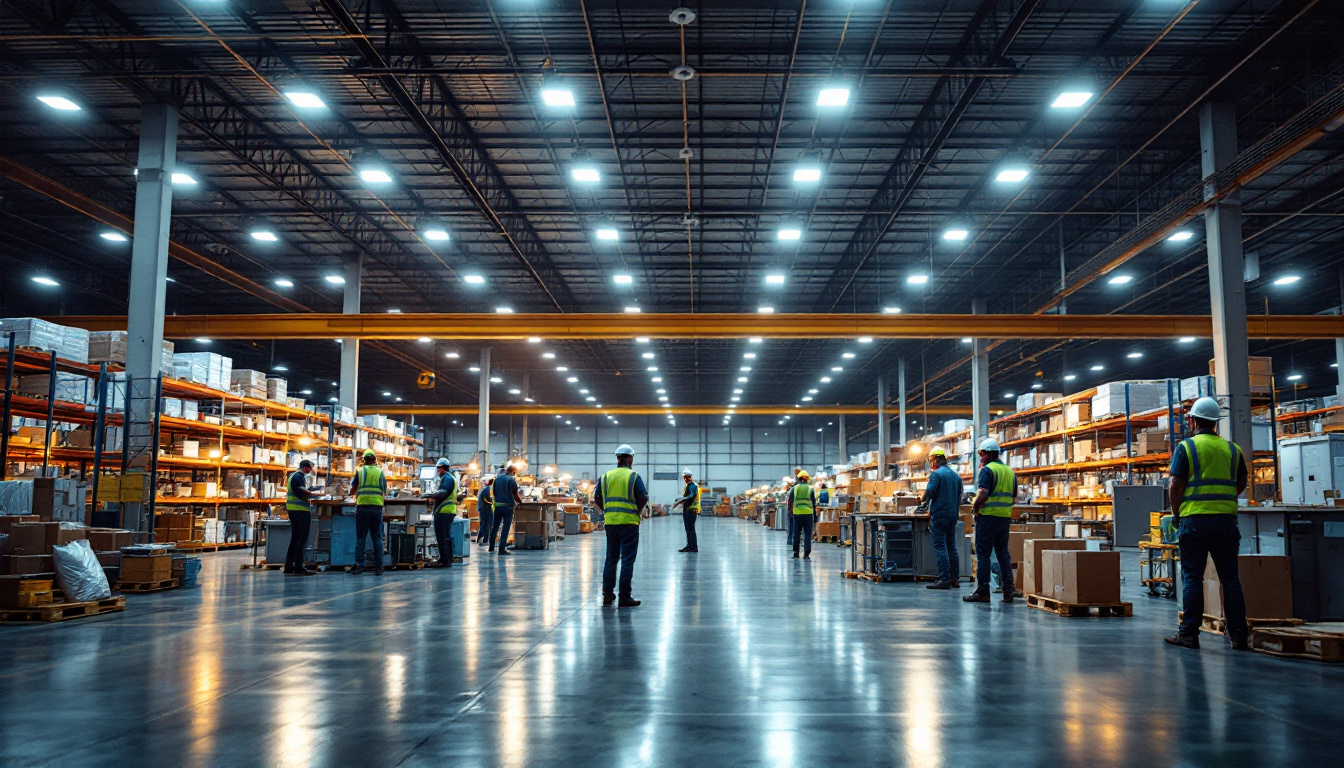 A photograph of a well-lit warehouse interior showcasing led lighting fixtures illuminating workspaces