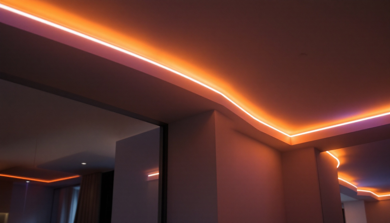 A photograph of a stylish modern interior featuring led tape lights elegantly installed along the ceiling