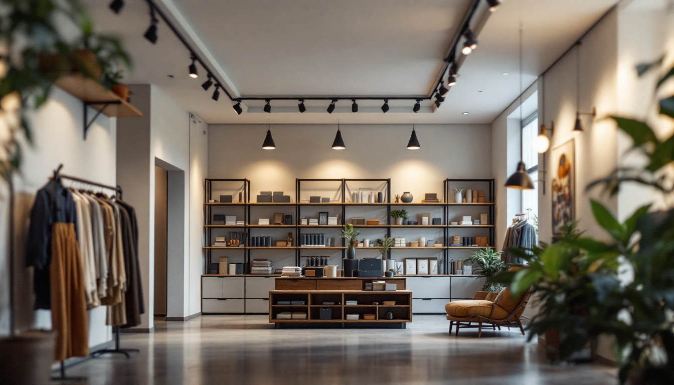 A photograph of a well-designed shop interior featuring strategically placed ceiling lights that highlight merchandise and create an inviting atmosphere