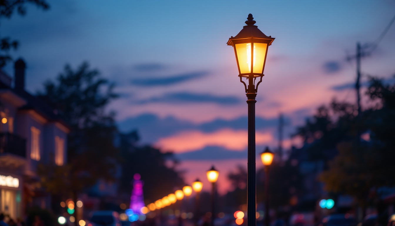 A photograph of a well-lit street lamp post illuminating a vibrant urban scene at dusk