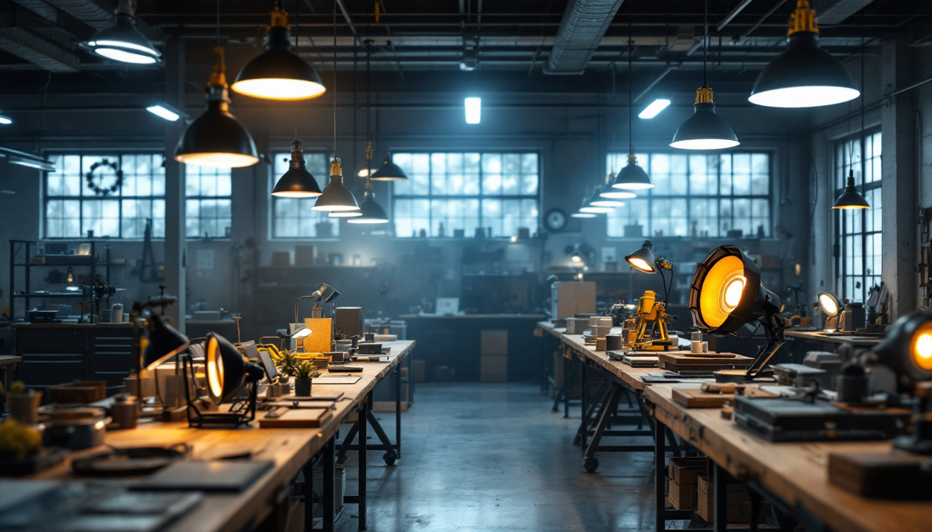 A photograph of a well-lit industrial workspace showcasing various shop light fixtures in use