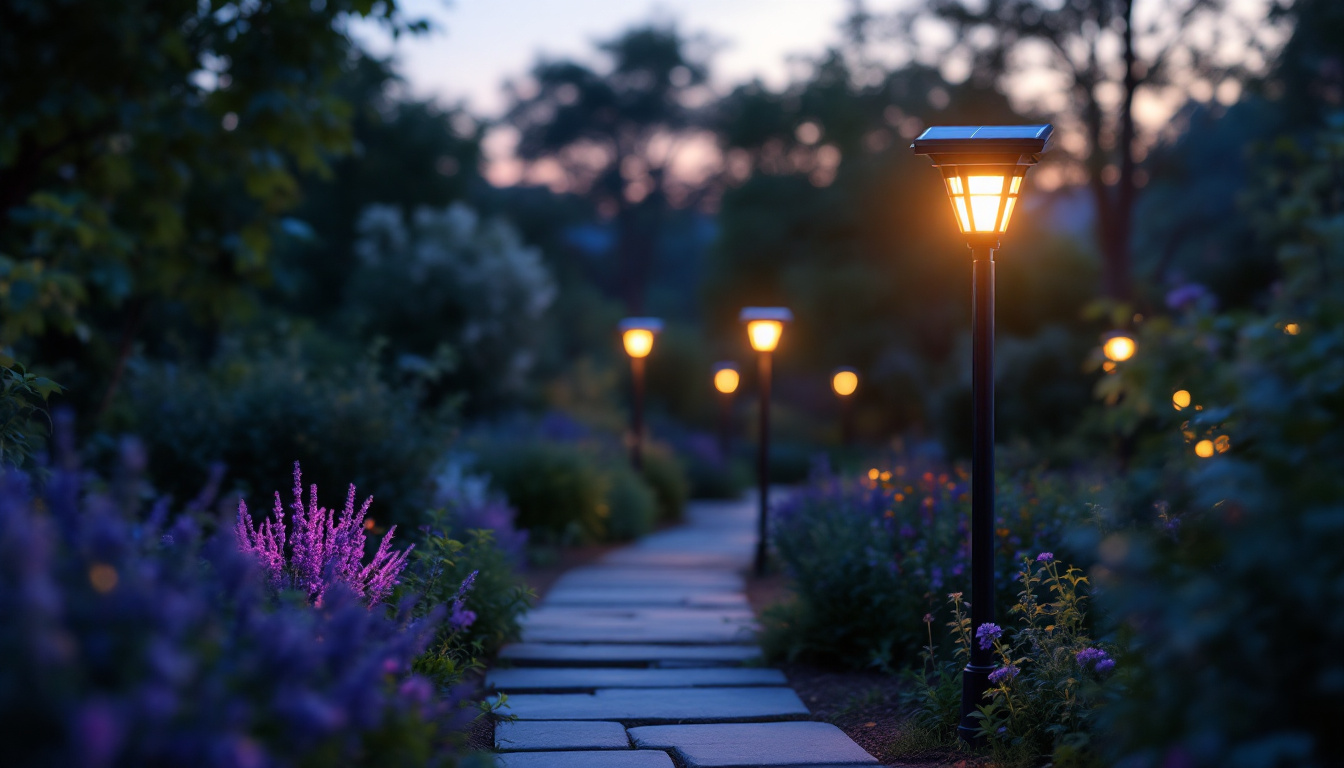 A photograph of a beautifully lit outdoor scene featuring solar pole lights illuminating a garden or pathway at dusk