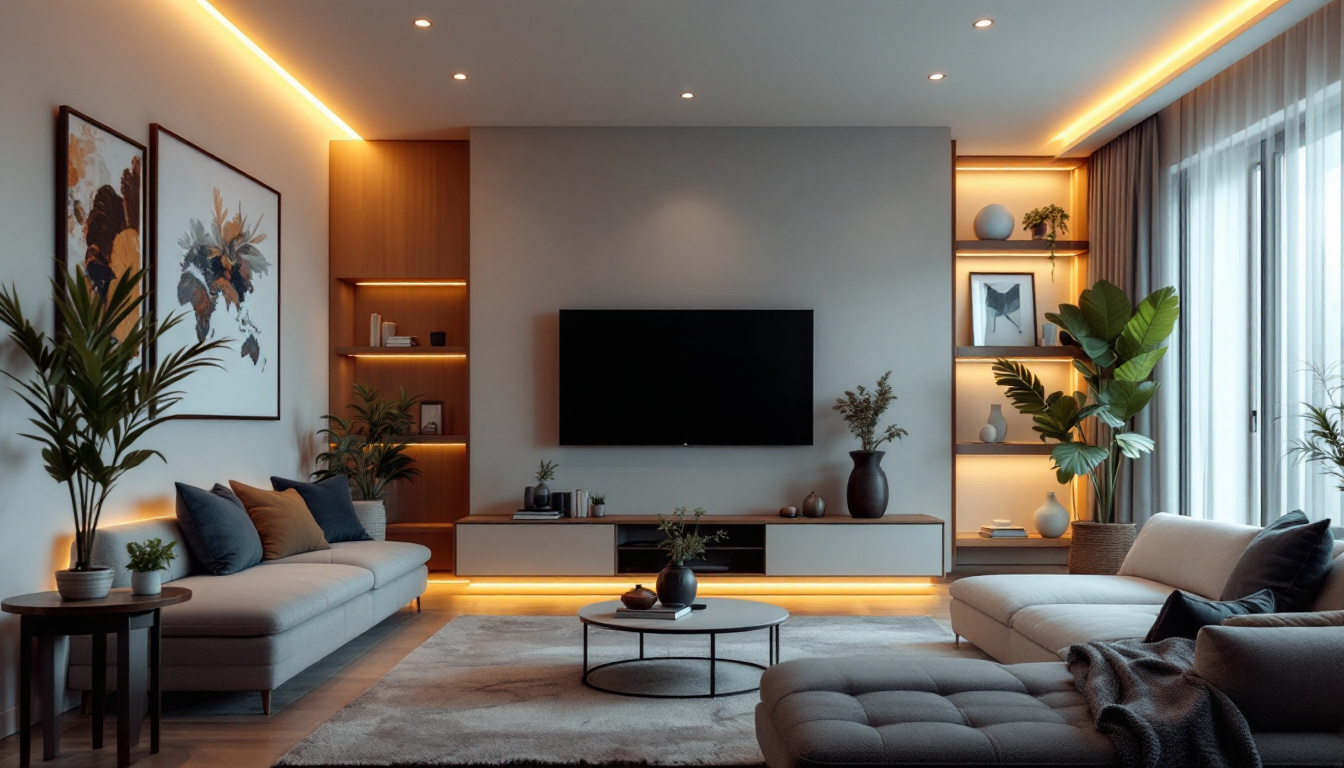 A photograph of a modern living space featuring sleek recessed led lights that highlight the room's design