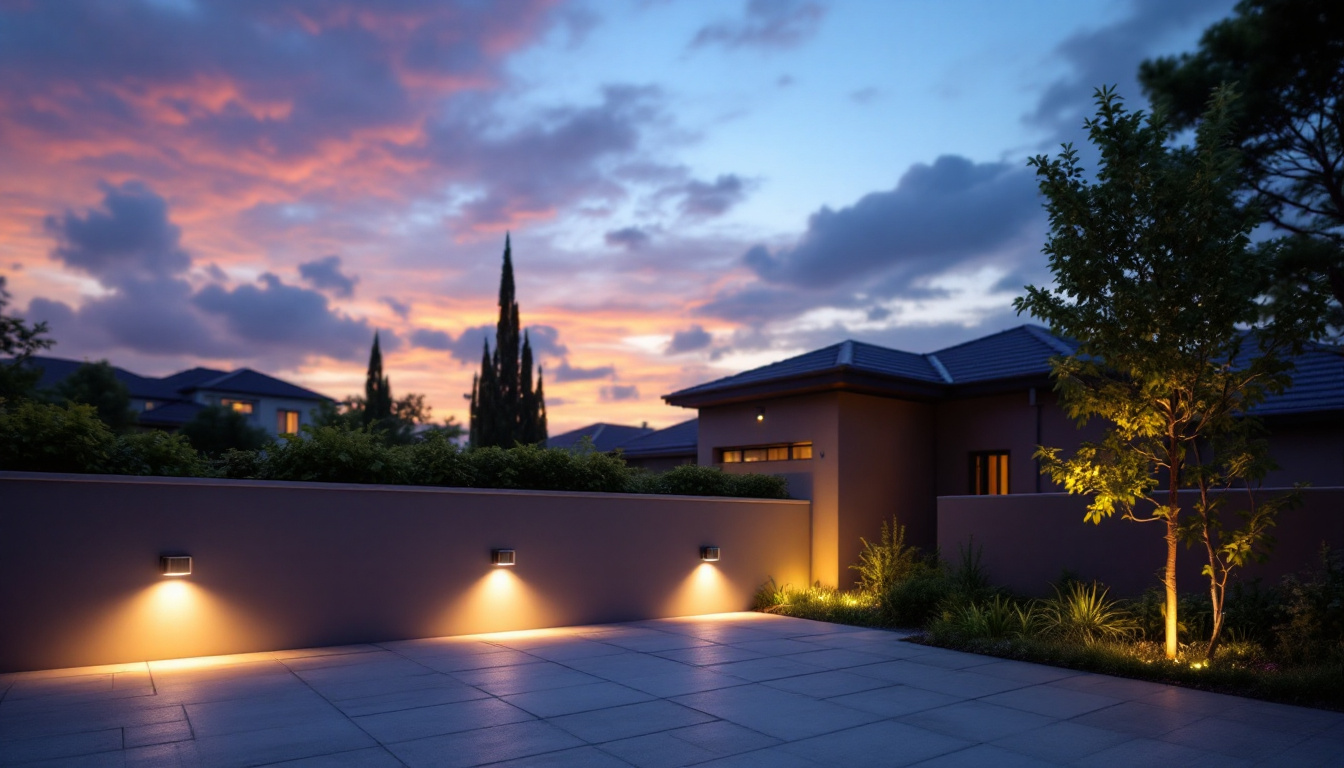 A photograph of a beautifully illuminated outdoor space featuring solar wall lights