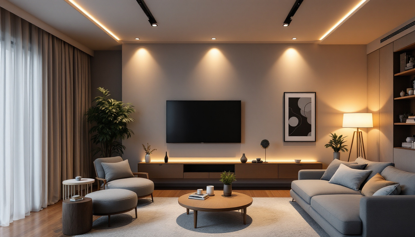 A photograph of a modern living space featuring sleek recessed led can lights