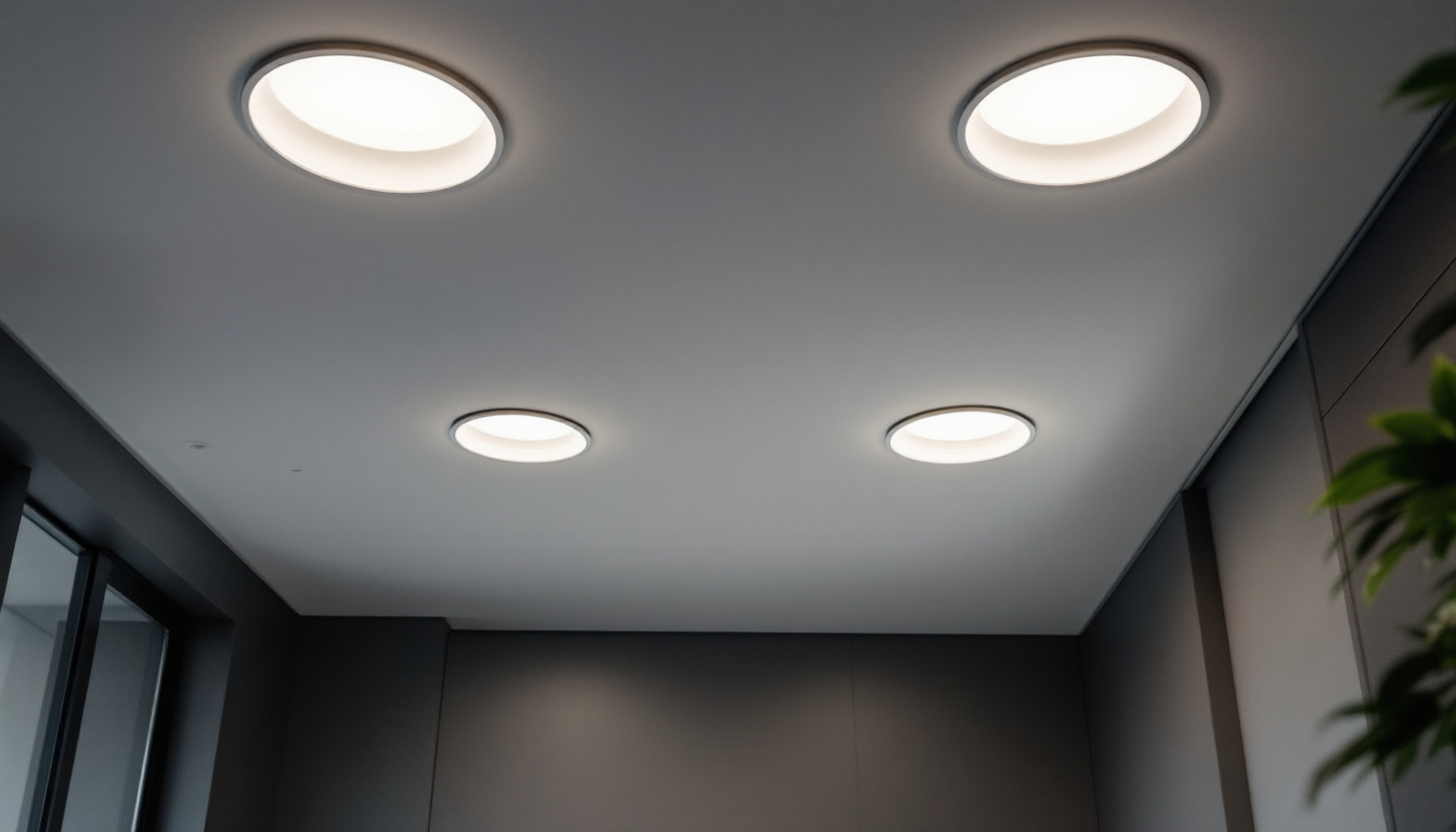 A photograph of a well-lit room featuring recessed downlight fixtures