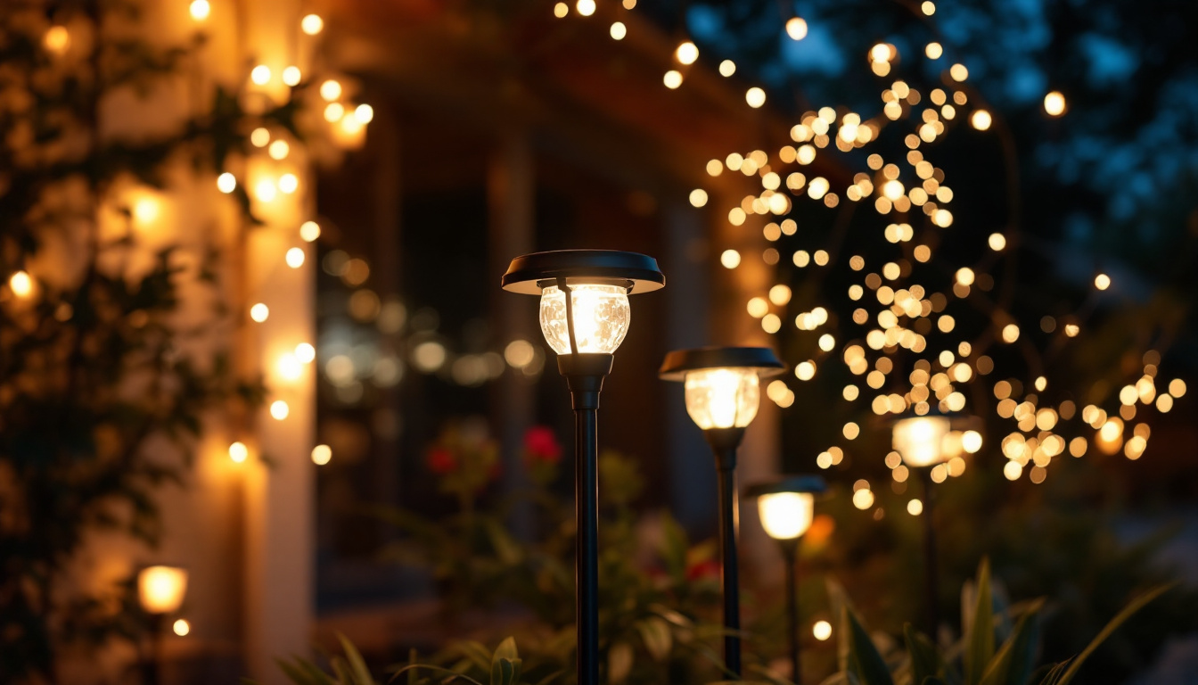 A photograph of a beautifully illuminated outdoor space featuring a variety of solar lights in action at dusk