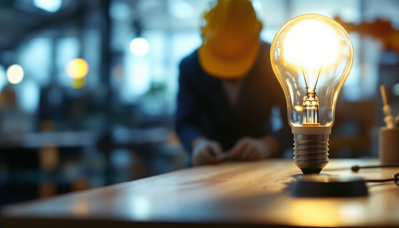 A photograph of a brightly lit workspace featuring a type t light bulb in use