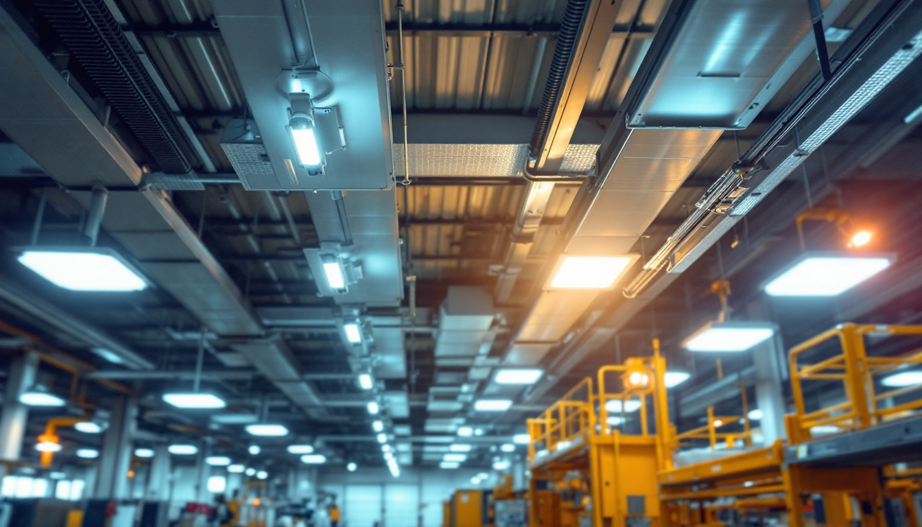 A photograph of a well-lit industrial workspace featuring modern troffer lights installed in the ceiling