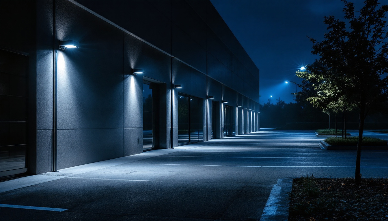 A photograph of a well-lit outdoor area featuring wall pack lights illuminating a parking lot or building entrance