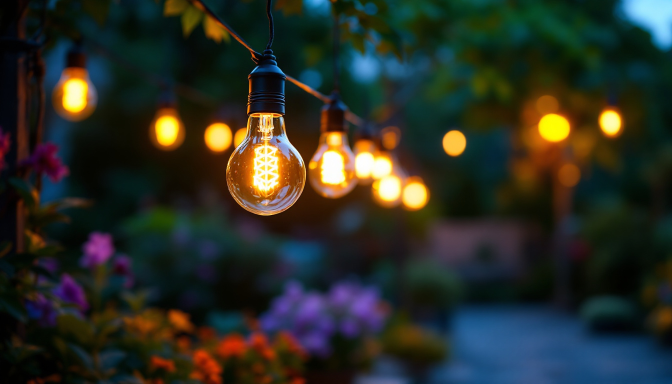 A photograph of a vibrant outdoor scene featuring solar light bulbs illuminating a garden or patio area at dusk