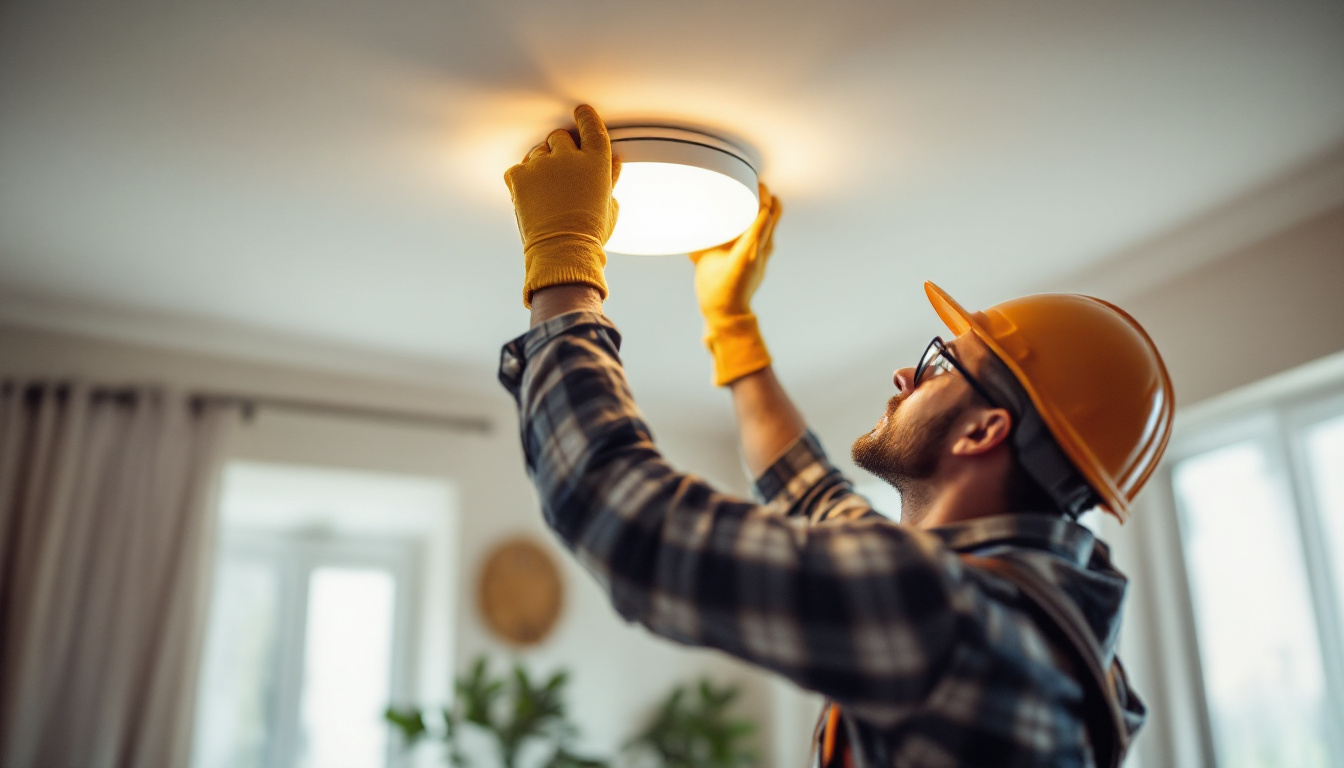 A photograph of a person safely installing a stylish ceiling light fixture