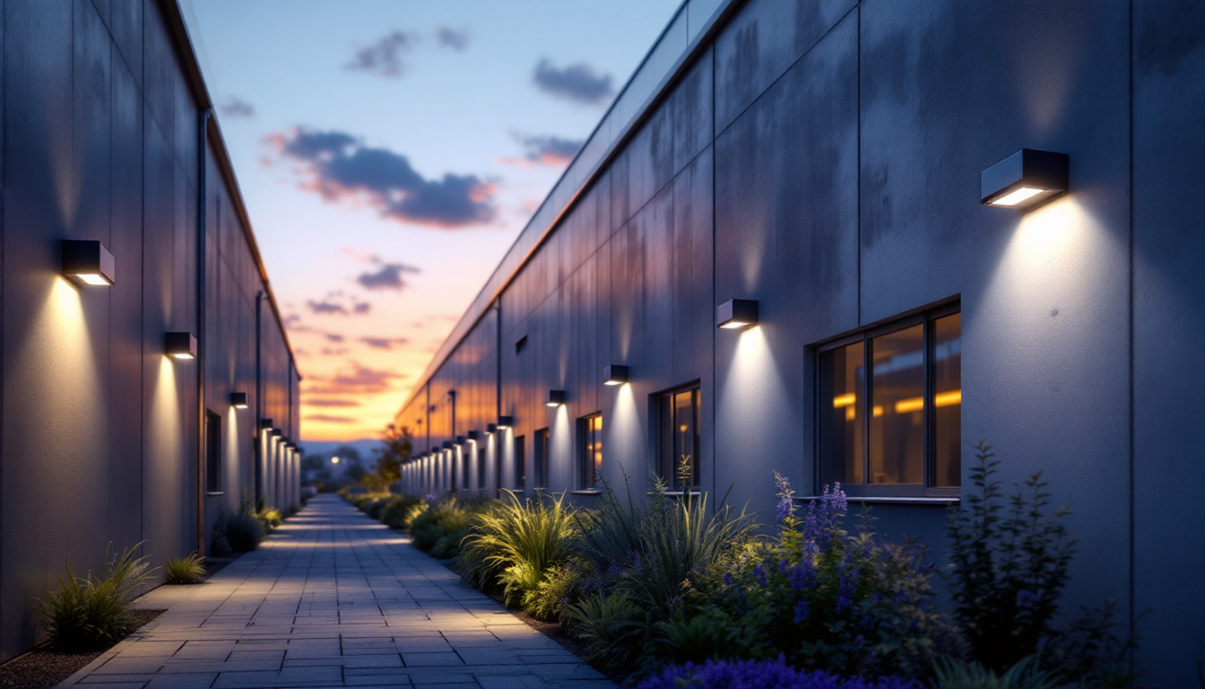 A photograph of a modern industrial or commercial exterior showcasing solar wall lights illuminating pathways