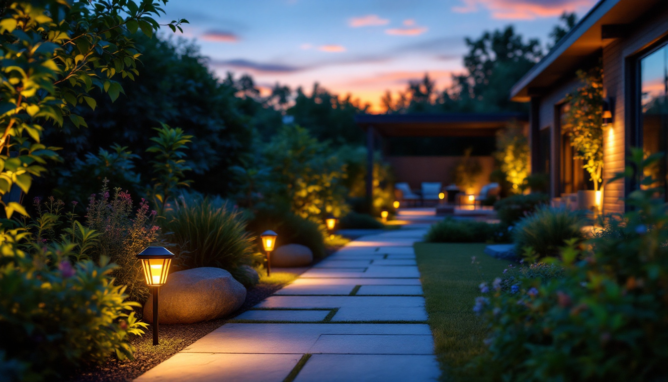 A photograph of a beautifully illuminated outdoor garden scene at dusk