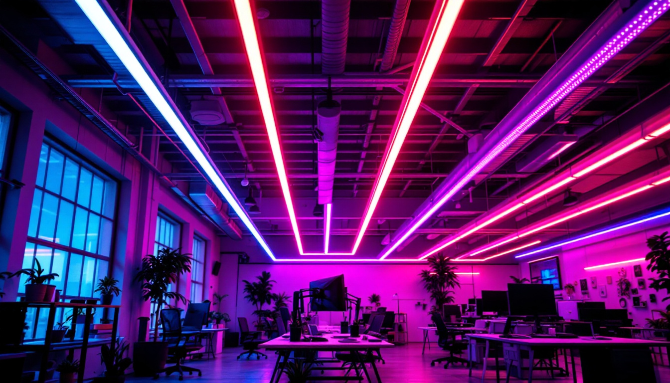 A photograph of a modern industrial workspace showcasing vibrant led ceiling light strips illuminating the area