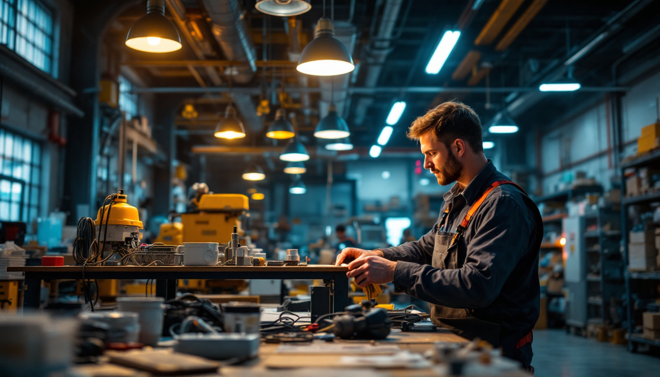 A photograph of a vibrant industrial workspace showcasing a technician installing an led conversion kit