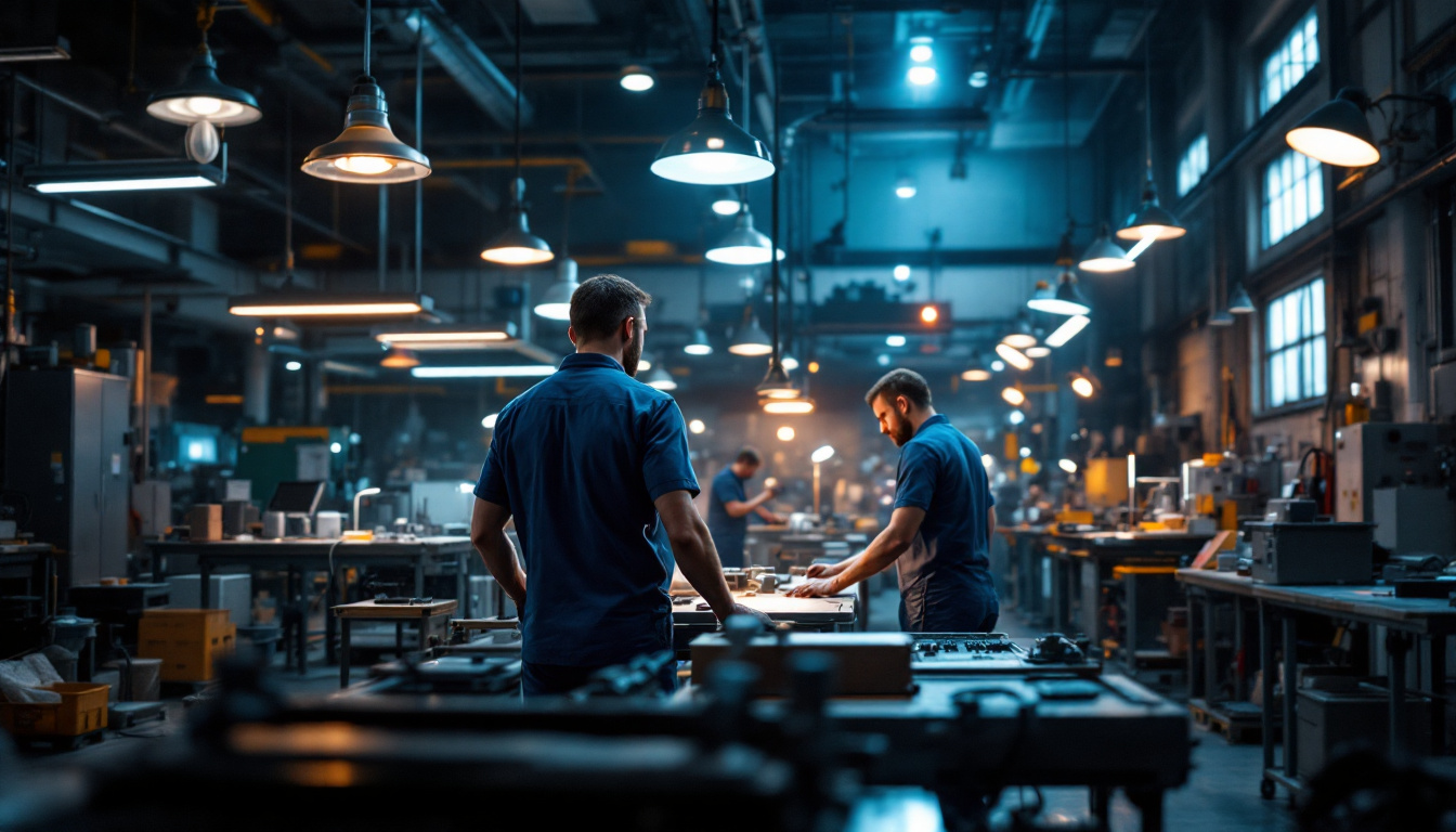 A photograph of a dynamic industrial workspace showcasing innovative lighting solutions