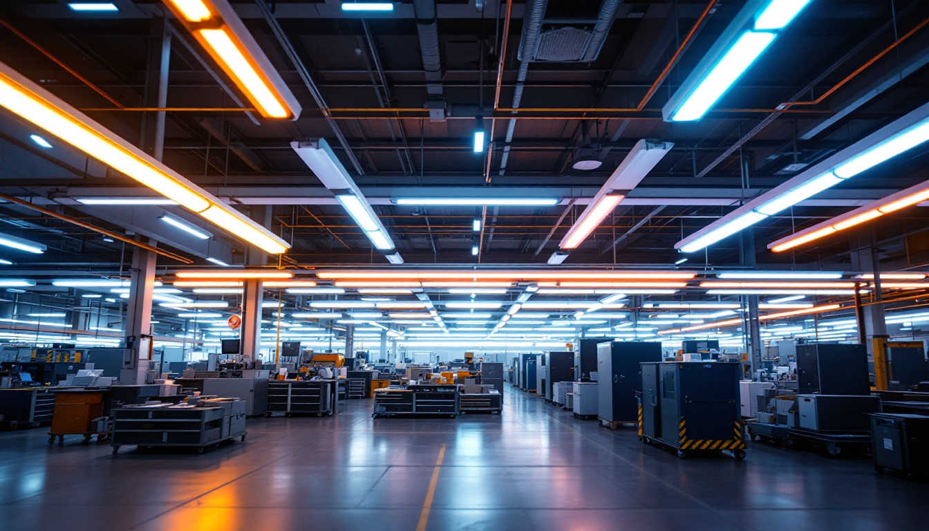 A photograph of a well-lit industrial workspace showcasing various fluorescent lighting fixtures in action