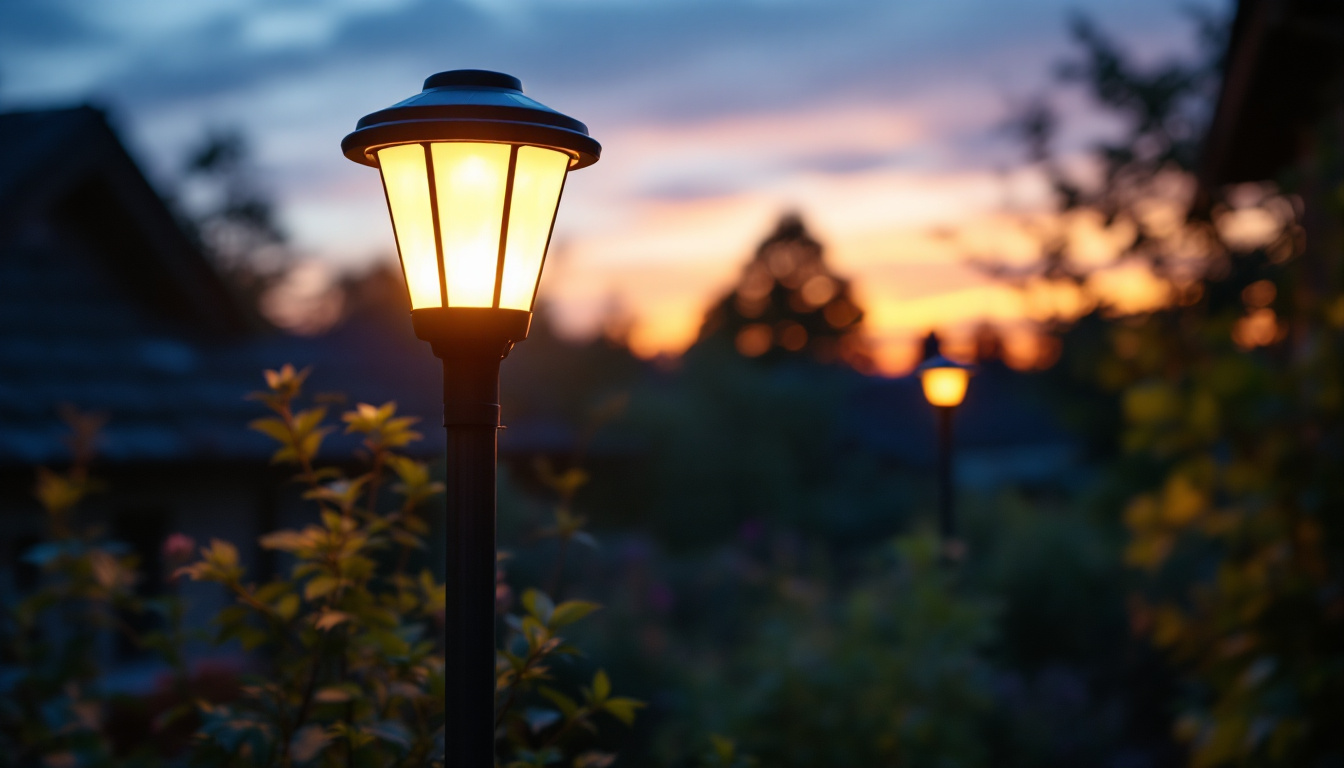 A photograph of a beautifully illuminated solar gutter lamp in a serene outdoor setting during twilight