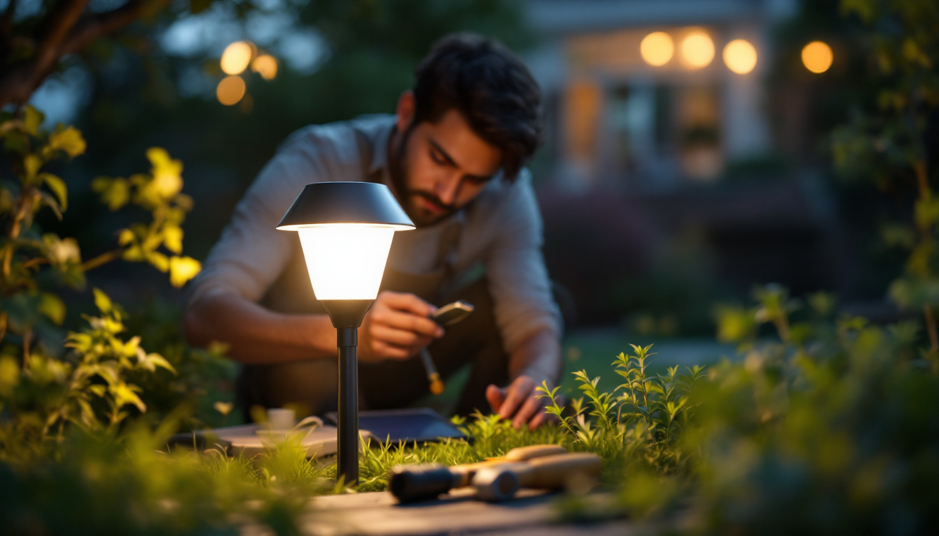 A photograph of a well-lit outdoor scene featuring a person installing a solar led lamp in a garden or backyard