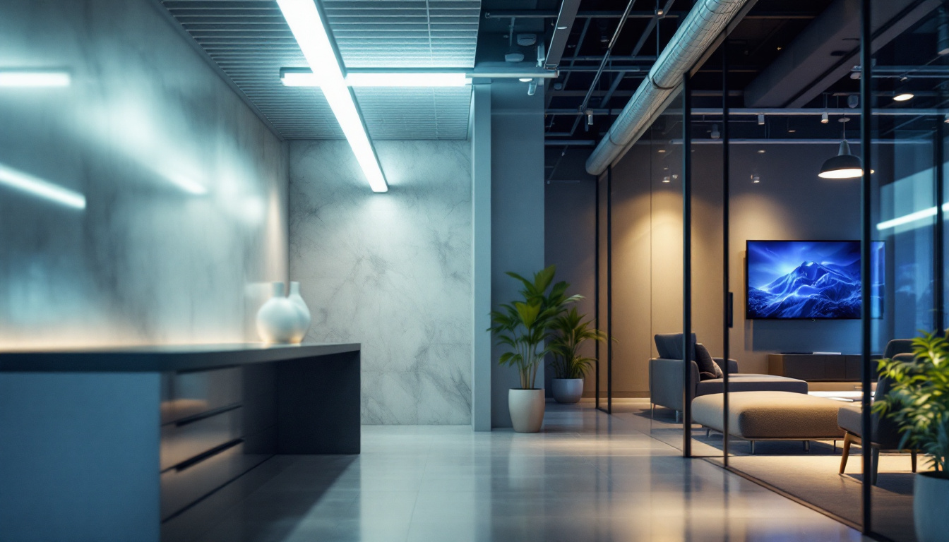 A photograph of a modern interior space featuring sleek led tube lighting