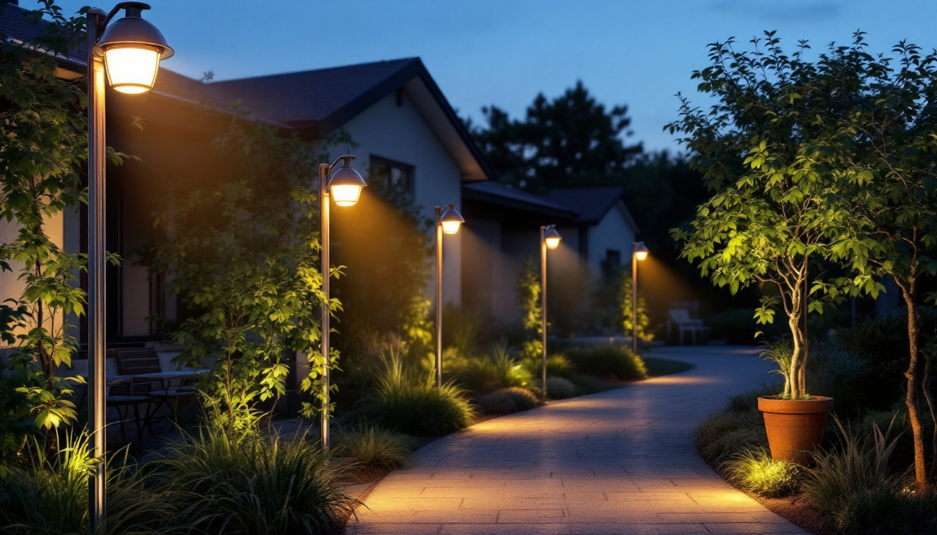 A photograph of a beautifully illuminated outdoor space showcasing various styles of solar-powered flood lights in action during dusk