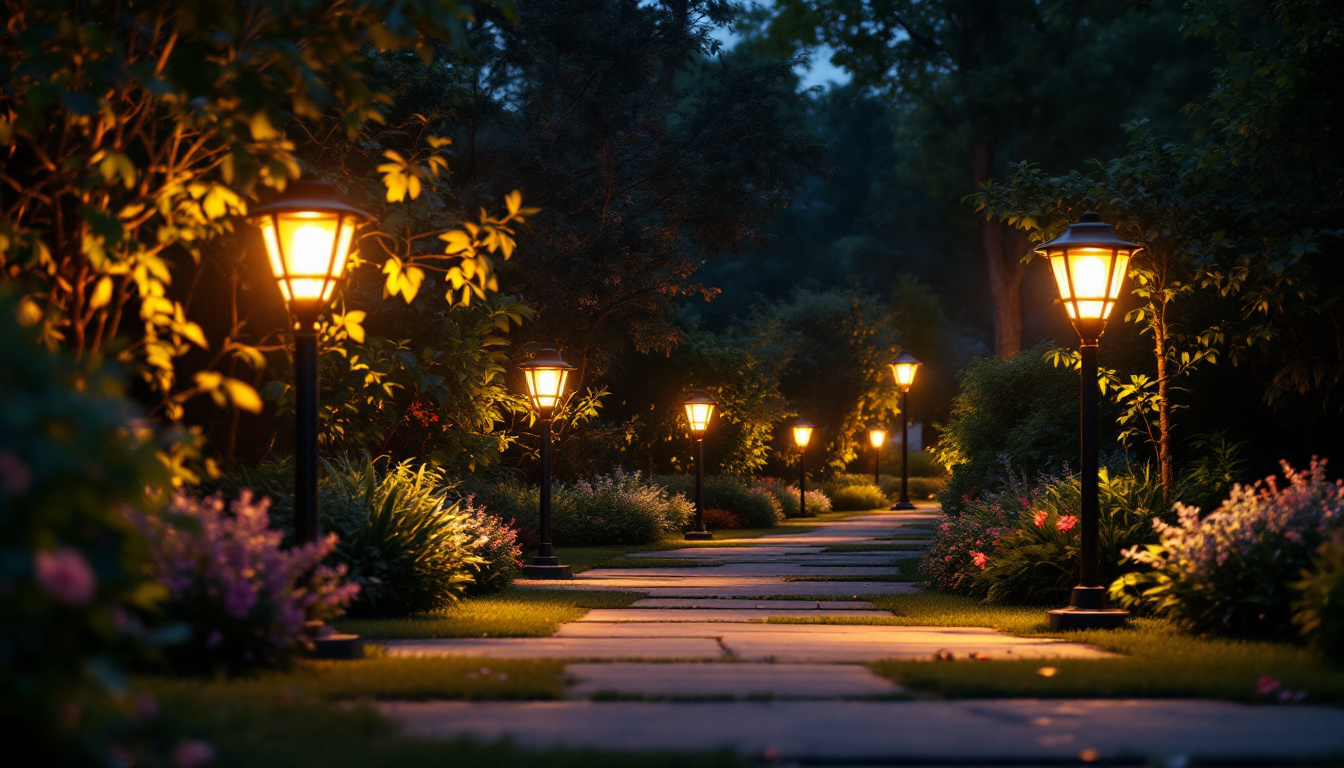 A photograph of a well-lit outdoor space showcasing dusk to dawn flood lights illuminating a pathway or garden