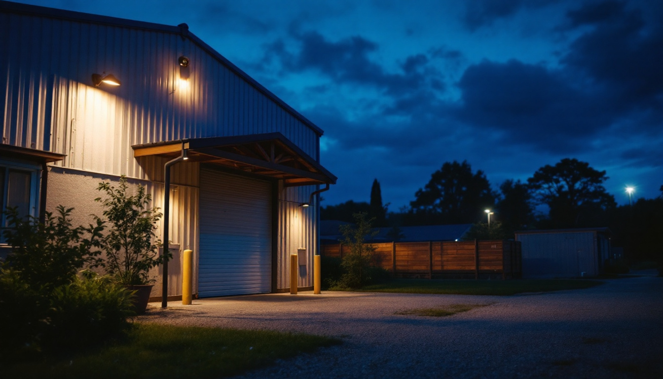 A photograph of a well-lit industrial or commercial space at dusk