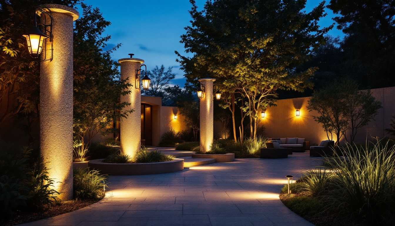 A photograph of a beautifully illuminated outdoor space showcasing various lighting fixtures in use