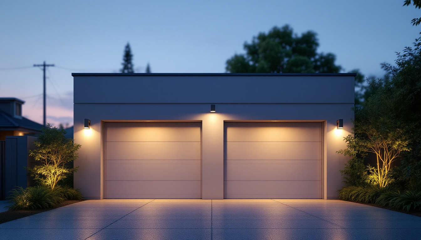 A photograph of a beautifully designed outdoor garage space illuminated by stylish light fixtures